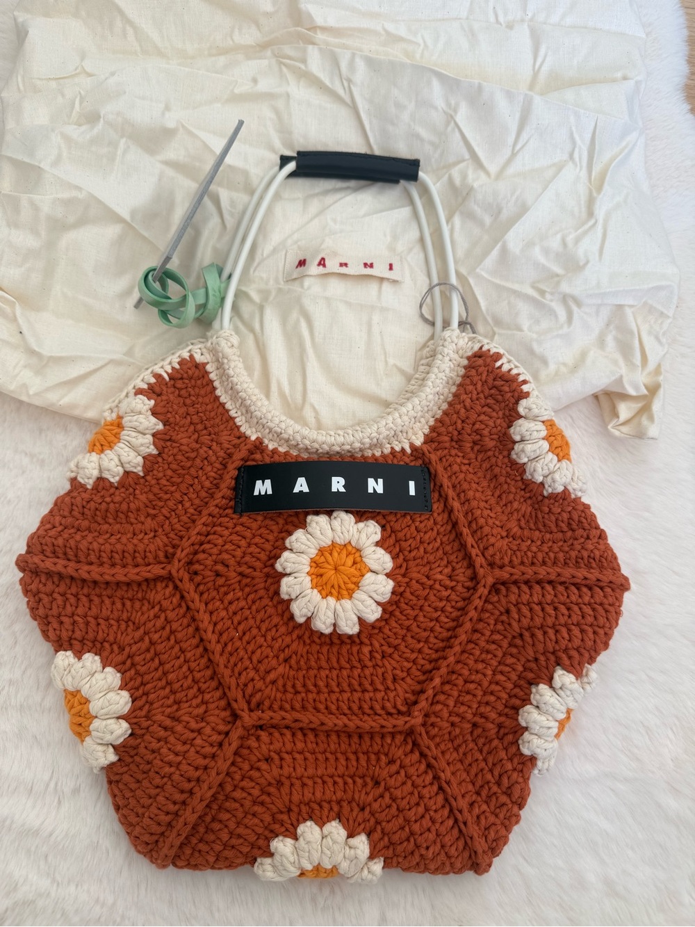 Marni Crocheted Tote with Orange Base and Cream Accents